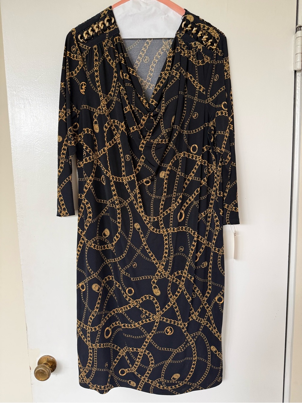 MICHAEL Michael Kors Black & Gold Chain-Print Long Sleeve Wrap Dress